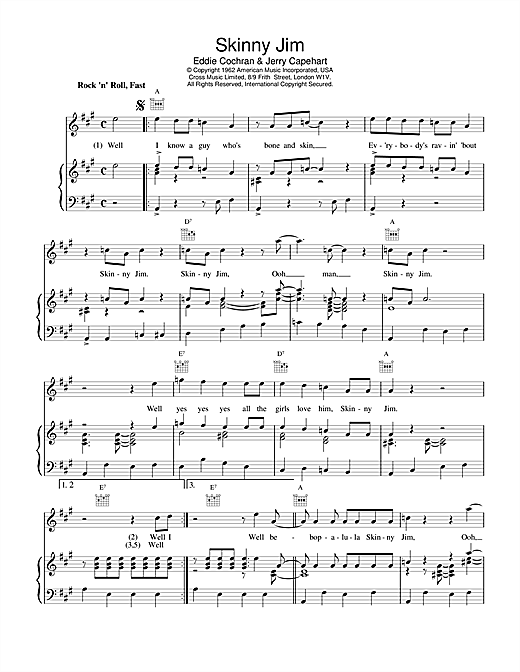 Learn to play Eddie Cochran Skinny Jim sheet music for Piano, Vocal & Guitar (Right-Hand Melody) in minutes. Eddie Cochran Skinny Jim sheet music notes and chords. Download Printable PDF.