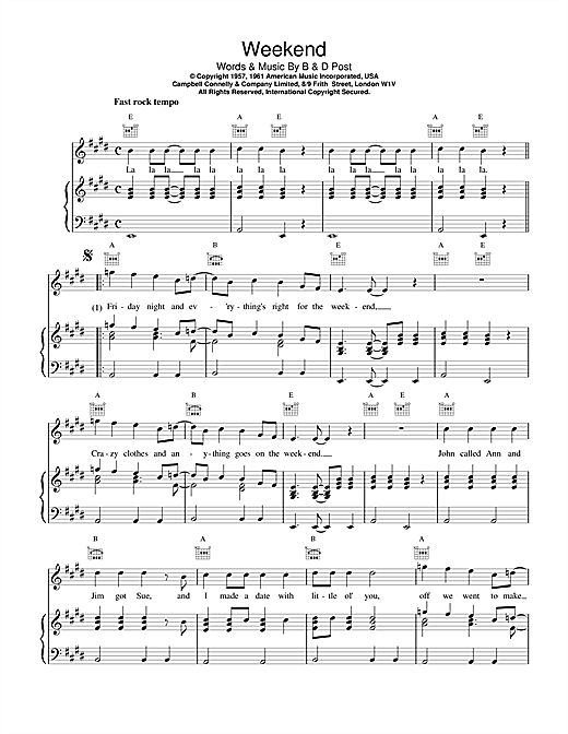 Learn to play Eddie Cochran Weekend sheet music for Piano, Vocal & Guitar (Right-Hand Melody) in minutes. Eddie Cochran Weekend sheet music notes and chords. Download Printable PDF.