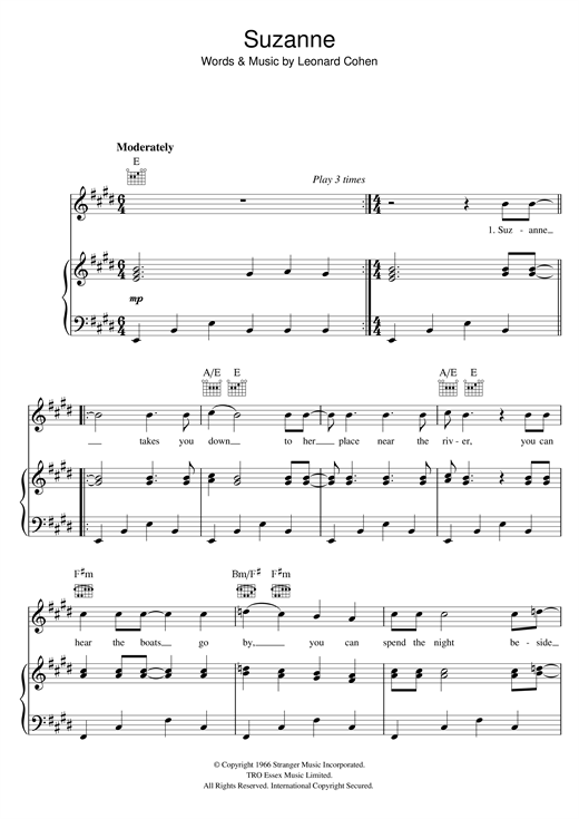 Learn to play Leonard Cohen Suzanne sheet music for Piano, Vocal & Guitar (Right-Hand Melody) in minutes. Leonard Cohen Suzanne sheet music notes and chords. Download Printable PDF.