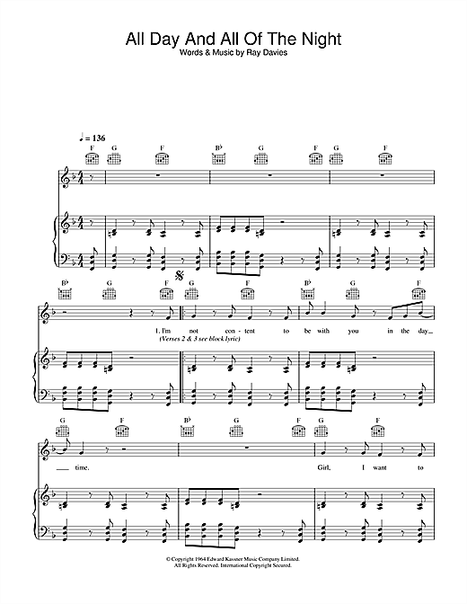 Learn to play The Kinks All Day And All Of The Night sheet music for Piano, Vocal & Guitar in minutes. The Kinks All Day And All Of The Night sheet music notes and chords. Download Printable PDF.