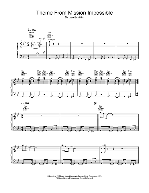 Learn to play Lalo Schifrin Mission: Impossible Theme (Mission Accomplished) sheet music for Piano, Vocal & Guitar (Right-Hand Melody) in minutes. Lalo Schifrin Mission: Impossible Theme (Mission Accomplished) sheet music notes and chords. Download Printable PDF.