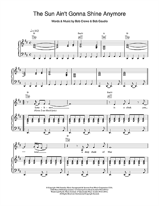 Learn to play Scott Walker The Sun Ain't Gonna Shine Anymore sheet music for Piano, Vocal & Guitar in minutes. Scott Walker The Sun Ain't Gonna Shine Anymore sheet music notes and chords. Download Printable PDF.