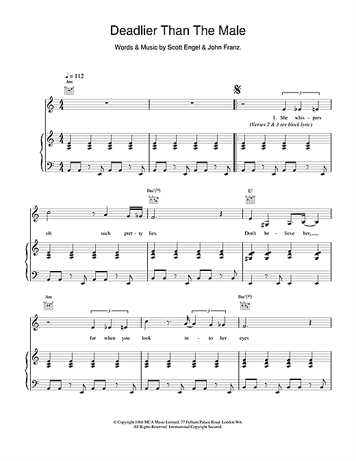 Learn to play Scott Walker Deadlier Than The Male sheet music for Piano, Vocal & Guitar in minutes. Scott Walker Deadlier Than The Male sheet music notes and chords. Download Printable PDF.