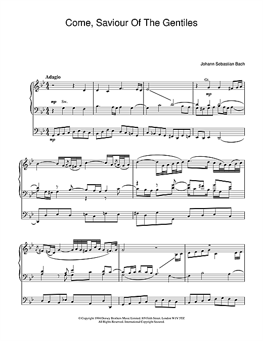 Learn to play J.S. Bach Come, Saviour Of The Gentiles sheet music for Organ in minutes. J.S. Bach Come, Saviour Of The Gentiles sheet music notes and chords. Download Printable PDF.