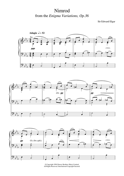 Learn to play Edward Elgar Nimrod (from The Enigma Variations Op.36) sheet music for Organ in minutes. Edward Elgar Nimrod (from The Enigma Variations Op.36) sheet music notes and chords. Download Printable PDF.