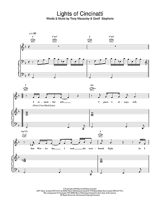 Learn to play Scott Walker Lights of Cincinatti sheet music for Piano, Vocal & Guitar (Right-Hand Melody) in minutes. Scott Walker Lights of Cincinatti sheet music notes and chords. Download Printable PDF.
