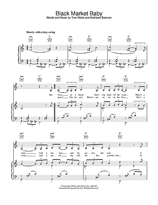 Learn to play Tom Waits Black Market Baby sheet music for Piano, Vocal & Guitar (Right-Hand Melody) in minutes. Tom Waits Black Market Baby sheet music notes and chords. Download Printable PDF.