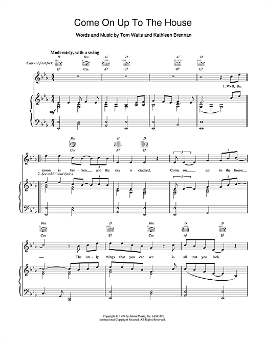 Learn to play Tom Waits Come On up to the House sheet music for Piano, Vocal & Guitar (Right-Hand Melody) in minutes. Tom Waits Come On up to the House sheet music notes and chords. Download Printable PDF.