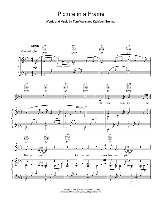 Learn to play Tom Waits Picture in a Frame sheet music for Piano, Vocal & Guitar (Right-Hand Melody) in minutes. Tom Waits Picture in a Frame sheet music notes and chords. Download Printable PDF.