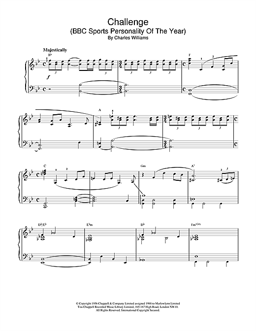 Learn to play Charles Williams Challenge (BBC Sports Personality Of The Year) sheet music for Piano in minutes. Charles Williams Challenge (BBC Sports Personality Of The Year) sheet music notes and chords. Download Printable PDF.