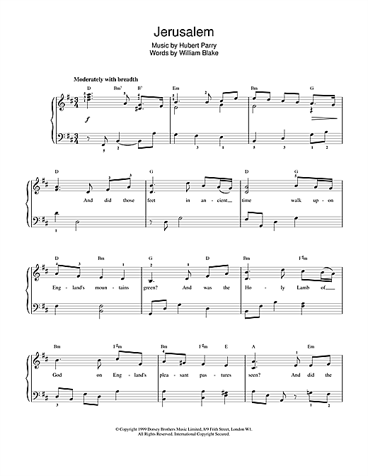 Learn to play Hubert Parry Jerusalem sheet music for Piano, Vocal & Guitar (Right-Hand Melody) in minutes. Hubert Parry Jerusalem sheet music notes and chords. Download Printable PDF.