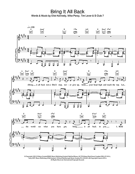 Learn to play S Club 7 Bring It All Back sheet music for Piano, Vocal & Guitar in minutes. S Club 7 Bring It All Back sheet music notes and chords. Download Printable PDF.