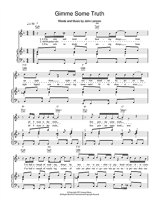 Learn to play John Lennon Gimme Some Truth sheet music for Piano, Vocal & Guitar in minutes. John Lennon Gimme Some Truth sheet music notes and chords. Download Printable PDF.
