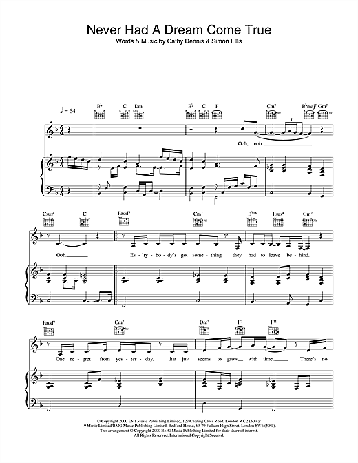 Learn to play S Club 7 Never Had A Dream Come True sheet music for Piano, Vocal & Guitar in minutes. S Club 7 Never Had A Dream Come True sheet music notes and chords. Download Printable PDF.
