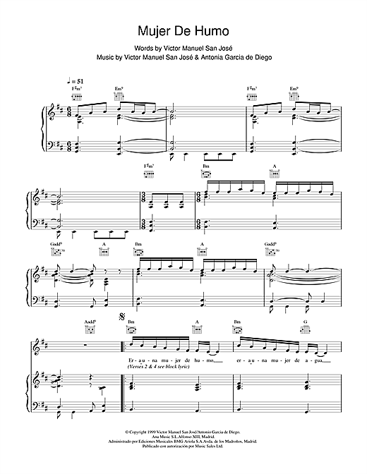 Learn to play Victor Manuel San José Mujer De Humo sheet music for Piano, Vocal & Guitar in minutes. Victor Manuel San José Mujer De Humo sheet music notes and chords. Download Printable PDF.