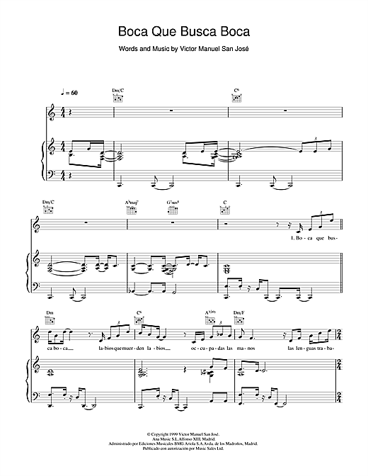 Learn to play Victor Manuel San José Boca Que Busca Boca sheet music for Piano, Vocal & Guitar in minutes. Victor Manuel San José Boca Que Busca Boca sheet music notes and chords. Download Printable PDF.