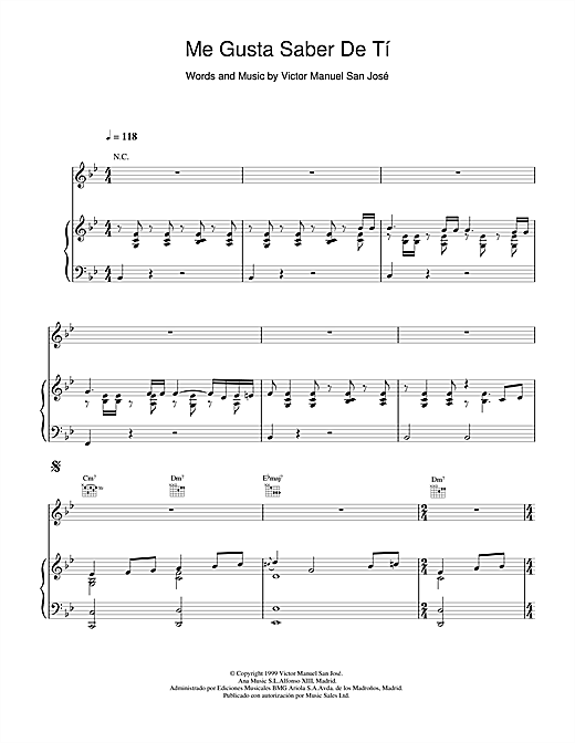 Learn to play Victor Manuel San José Me Gusta Saber De Tí sheet music for Piano, Vocal & Guitar in minutes. Victor Manuel San José Me Gusta Saber De Tí sheet music notes and chords. Download Printable PDF.