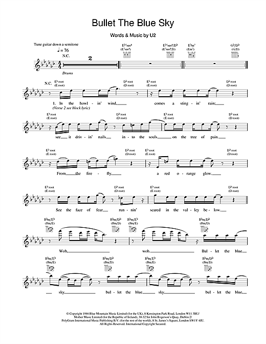 Learn to play U2 Bullet The Blue Sky sheet music for Melody Line, Lyrics & Chords in minutes. U2 Bullet The Blue Sky sheet music notes and chords. Download Printable PDF.