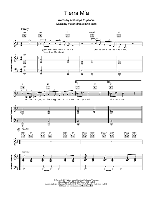 Learn to play Victor Manuel San José Tierra Mía sheet music for Piano, Vocal & Guitar in minutes. Victor Manuel San José Tierra Mía sheet music notes and chords. Download Printable PDF.