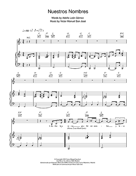 Learn to play Victor Manuel San José Nuestros Nombres sheet music for Piano, Vocal & Guitar in minutes. Victor Manuel San José Nuestros Nombres sheet music notes and chords. Download Printable PDF.