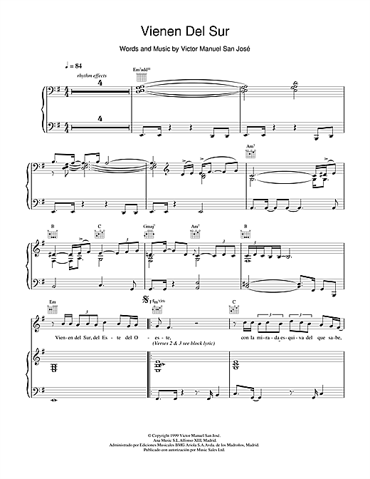 Learn to play Victor Manuel San José Vienen Del Sur sheet music for Piano, Vocal & Guitar in minutes. Victor Manuel San José Vienen Del Sur sheet music notes and chords. Download Printable PDF.