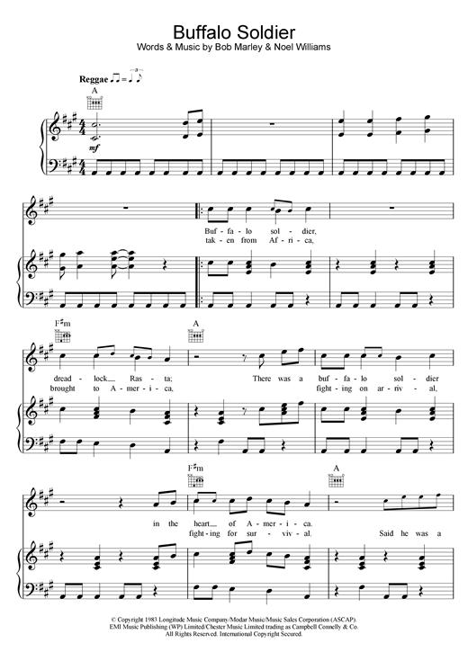 Learn to play Bob Marley Buffalo Soldier sheet music for Piano, Vocal & Guitar (Right-Hand Melody) in minutes. Bob Marley Buffalo Soldier sheet music notes and chords. Download Printable PDF.