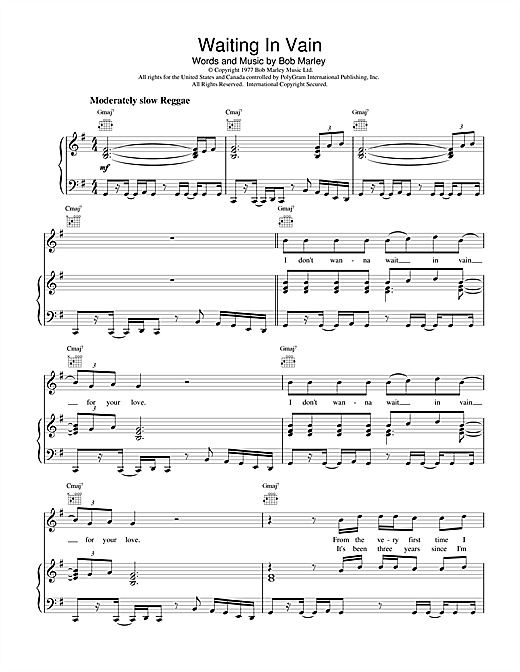 Learn to play Bob Marley Waiting In Vain sheet music for Piano, Vocal & Guitar (Right-Hand Melody) in minutes. Bob Marley Waiting In Vain sheet music notes and chords. Download Printable PDF.
