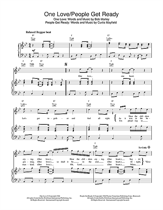 Learn to play Bob Marley One Love/People Get Ready sheet music for Piano, Vocal & Guitar (Right-Hand Melody) in minutes. Bob Marley One Love/People Get Ready sheet music notes and chords. Download Printable PDF.
