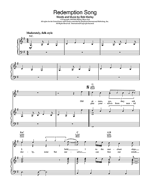 Learn to play Bob Marley Redemption Song sheet music for Piano, Vocal & Guitar (Right-Hand Melody) in minutes. Bob Marley Redemption Song sheet music notes and chords. Download Printable PDF.