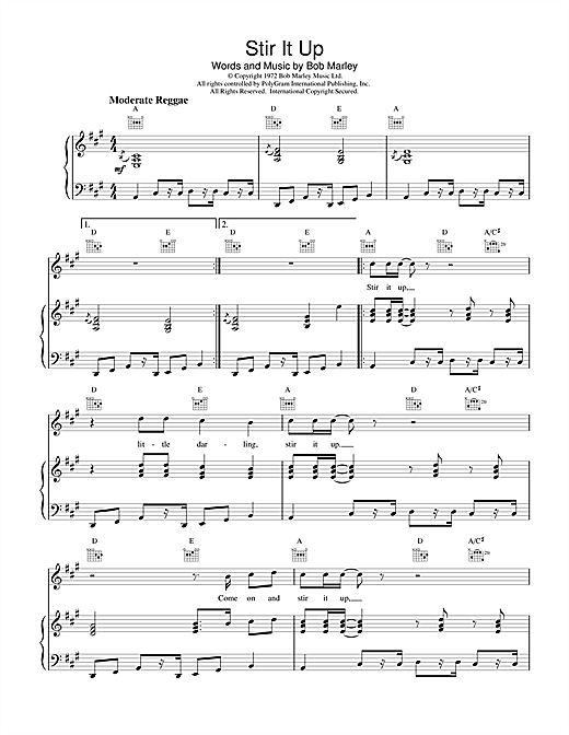 Learn to play Bob Marley Stir It Up sheet music for Piano, Vocal & Guitar (Right-Hand Melody) in minutes. Bob Marley Stir It Up sheet music notes and chords. Download Printable PDF.