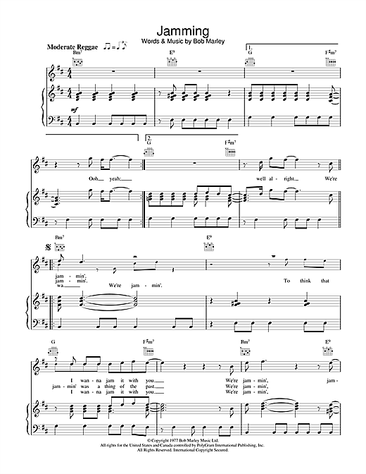 Learn to play Bob Marley Jamming sheet music for Piano, Vocal & Guitar (Right-Hand Melody) in minutes. Bob Marley Jamming sheet music notes and chords. Download Printable PDF.