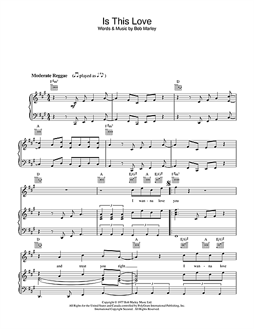 Learn to play Bob Marley Is This Love sheet music for Piano, Vocal & Guitar (Right-Hand Melody) in minutes. Bob Marley Is This Love sheet music notes and chords. Download Printable PDF.