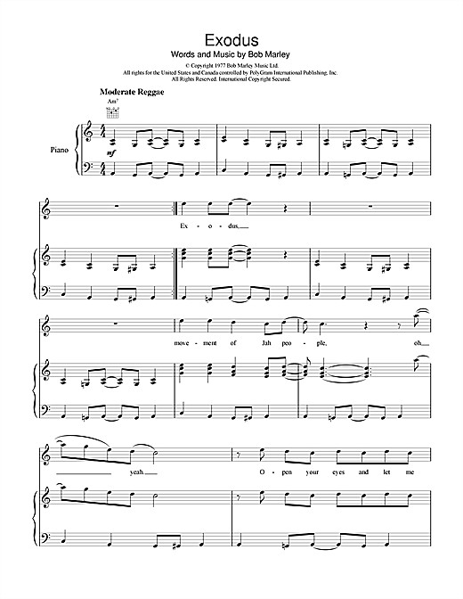 Learn to play Bob Marley Exodus sheet music for Piano, Vocal & Guitar (Right-Hand Melody) in minutes. Bob Marley Exodus sheet music notes and chords. Download Printable PDF.