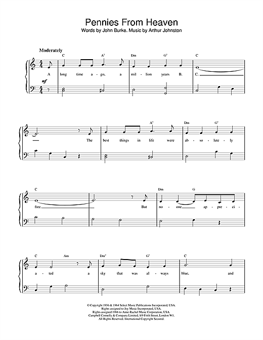 Learn to play Bing Crosby Pennies From Heaven sheet music for Piano in minutes. Bing Crosby Pennies From Heaven sheet music notes and chords. Download Printable PDF.