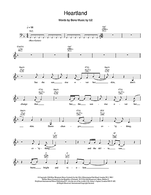 Learn to play U2 Heartland sheet music for Melody Line, Lyrics & Chords in minutes. U2 Heartland sheet music notes and chords. Download Printable PDF.