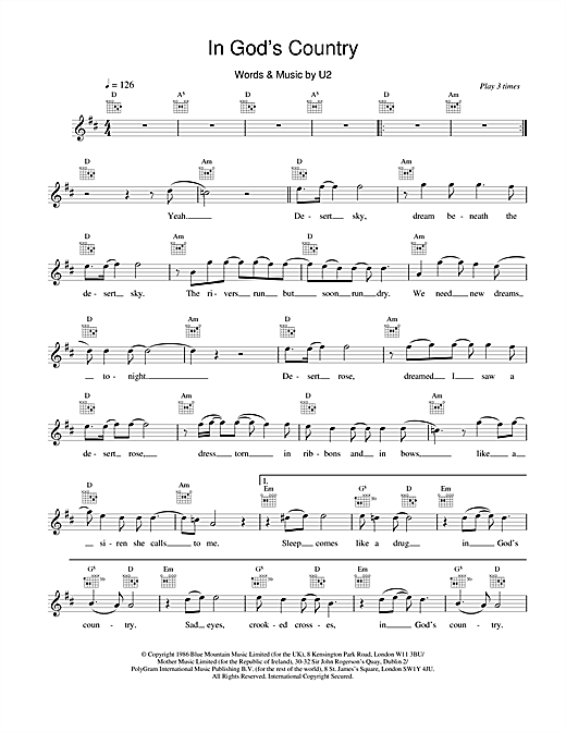Learn to play U2 In God's Country sheet music for Melody Line, Lyrics & Chords in minutes. U2 In God's Country sheet music notes and chords. Download Printable PDF.