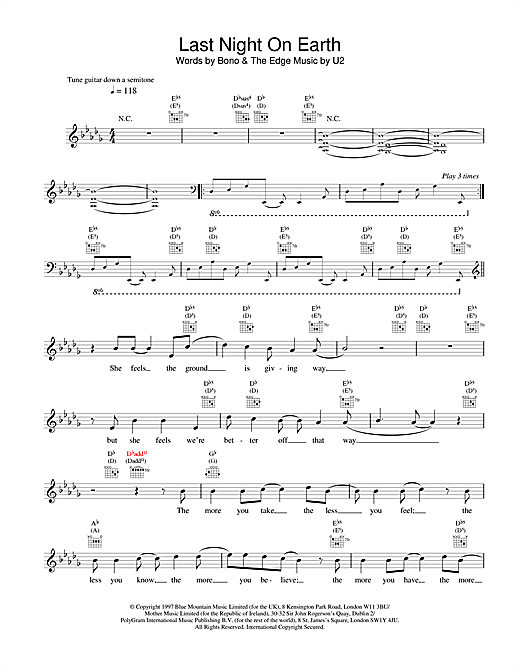 Learn to play U2 Last Night On Earth sheet music for Melody Line, Lyrics & Chords in minutes. U2 Last Night On Earth sheet music notes and chords. Download Printable PDF.
