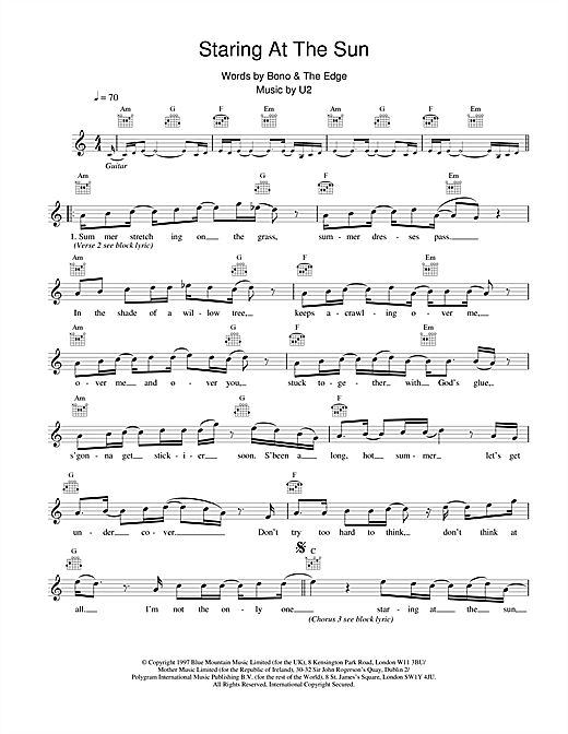 Learn to play U2 Staring At The Sun sheet music for Melody Line, Lyrics & Chords in minutes. U2 Staring At The Sun sheet music notes and chords. Download Printable PDF.