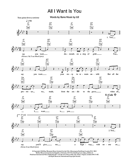 Learn to play U2 All I Want Is You sheet music for Melody Line, Lyrics & Chords in minutes. U2 All I Want Is You sheet music notes and chords. Download Printable PDF.
