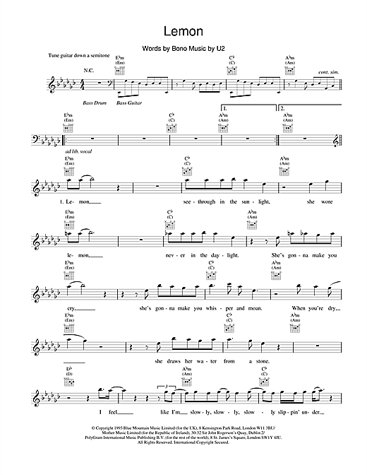 Learn to play U2 Lemon sheet music for Melody Line, Lyrics & Chords in minutes. U2 Lemon sheet music notes and chords. Download Printable PDF.