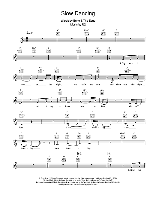 Learn to play U2 Slow Dancing sheet music for Melody Line, Lyrics & Chords in minutes. U2 Slow Dancing sheet music notes and chords. Download Printable PDF.