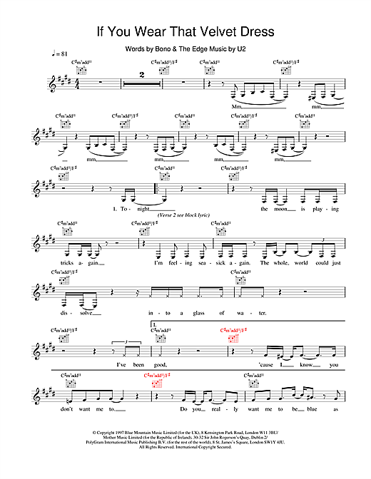 Learn to play U2 If You Wear That Velvet Dress sheet music for Melody Line, Lyrics & Chords in minutes. U2 If You Wear That Velvet Dress sheet music notes and chords. Download Printable PDF.