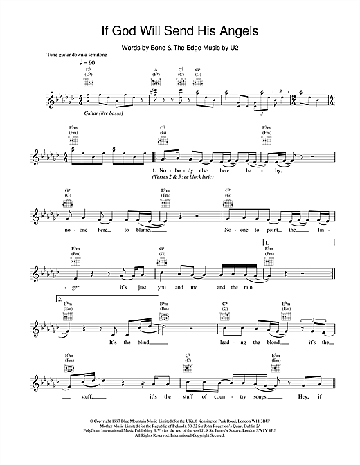Learn to play U2 If God Will Send His Angels sheet music for Melody Line, Lyrics & Chords in minutes. U2 If God Will Send His Angels sheet music notes and chords. Download Printable PDF.