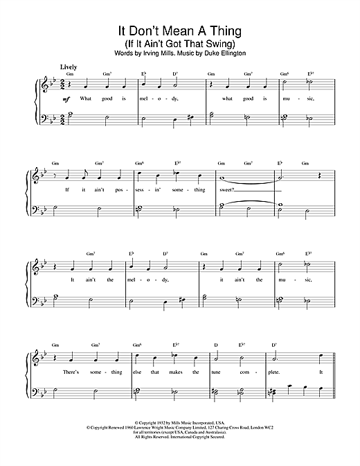 Learn to play Duke Ellington It Don't Mean A Thing (If It Ain't Got That Swing) sheet music for Piano in minutes. Duke Ellington It Don't Mean A Thing (If It Ain't Got That Swing) sheet music notes and chords. Download Printable PDF.