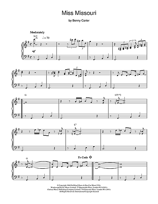Learn to play Benny Carter Miss Missouri sheet music for Piano in minutes. Benny Carter Miss Missouri sheet music notes and chords. Download Printable PDF.