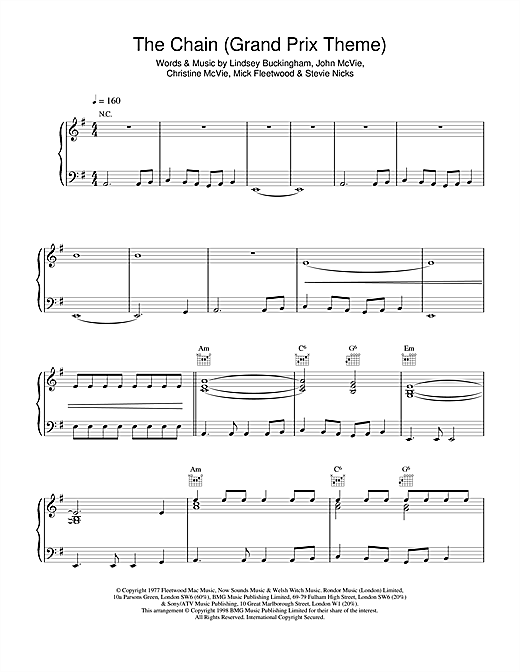 Learn to play Fleetwood Mac The Chain (extract) - Grand Prix Theme sheet music for Piano, Vocal & Guitar (Right-Hand Melody) in minutes. Fleetwood Mac The Chain (extract) - Grand Prix Theme sheet music notes and chords. Download Printable PDF.