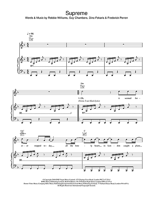 Learn to play Robbie Williams Supreme sheet music for Piano, Vocal & Guitar in minutes. Robbie Williams Supreme sheet music notes and chords. Download Printable PDF.
