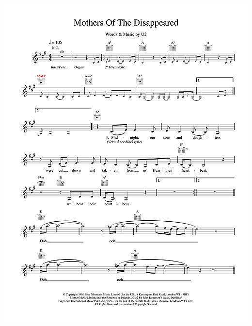 Learn to play U2 Mothers Of The Disappeared sheet music for Melody Line, Lyrics & Chords in minutes. U2 Mothers Of The Disappeared sheet music notes and chords. Download Printable PDF.