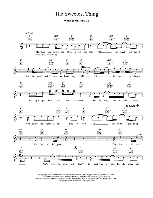Learn to play U2 The Sweetest Thing sheet music for Melody Line, Lyrics & Chords in minutes. U2 The Sweetest Thing sheet music notes and chords. Download Printable PDF.