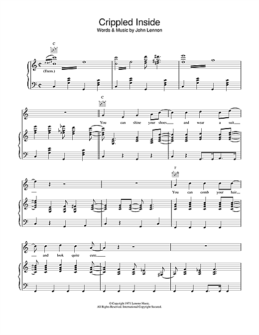 Learn to play John Lennon Crippled Inside sheet music for Piano, Vocal & Guitar (Right-Hand Melody) in minutes. John Lennon Crippled Inside sheet music notes and chords. Download Printable PDF.